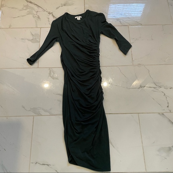“FALL” Green Stretchy Gathered 3/4 Sleeve Dress HELMUT LANG Size P  Gently Worn - Picture 1 of 5